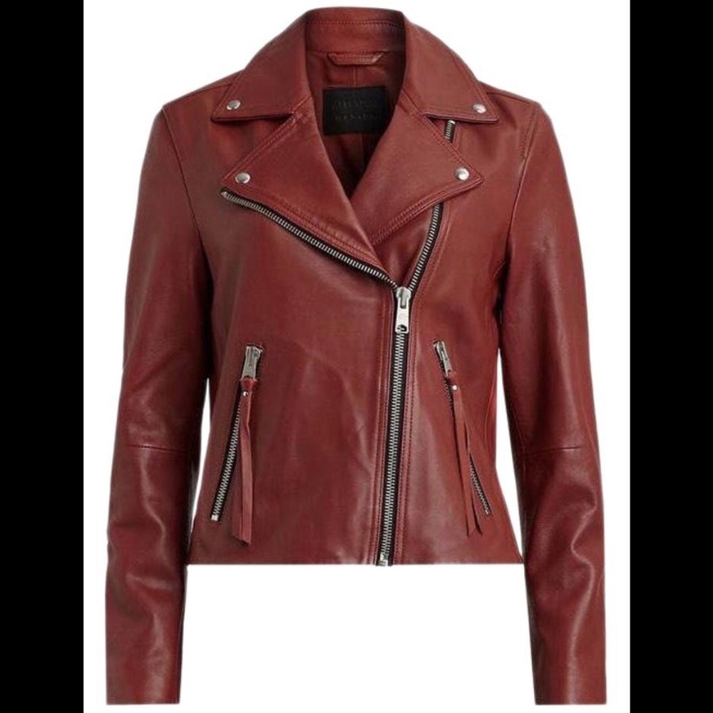 New ALLSAINTS Daley Biker Brick Red Leather Jacket